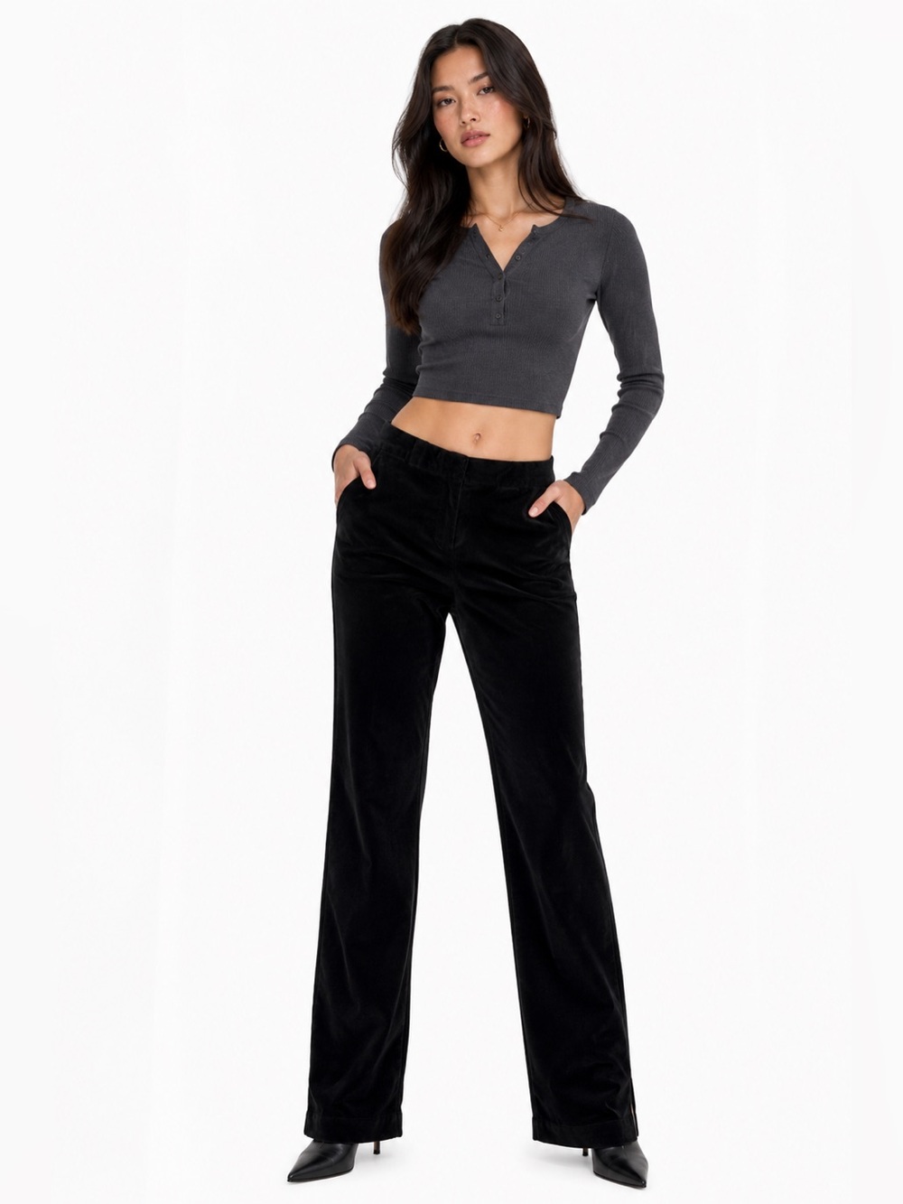 Y2K Vintage Ann Taylor Petite Velour Split Hem Straight Leg Pants Black Size 0P